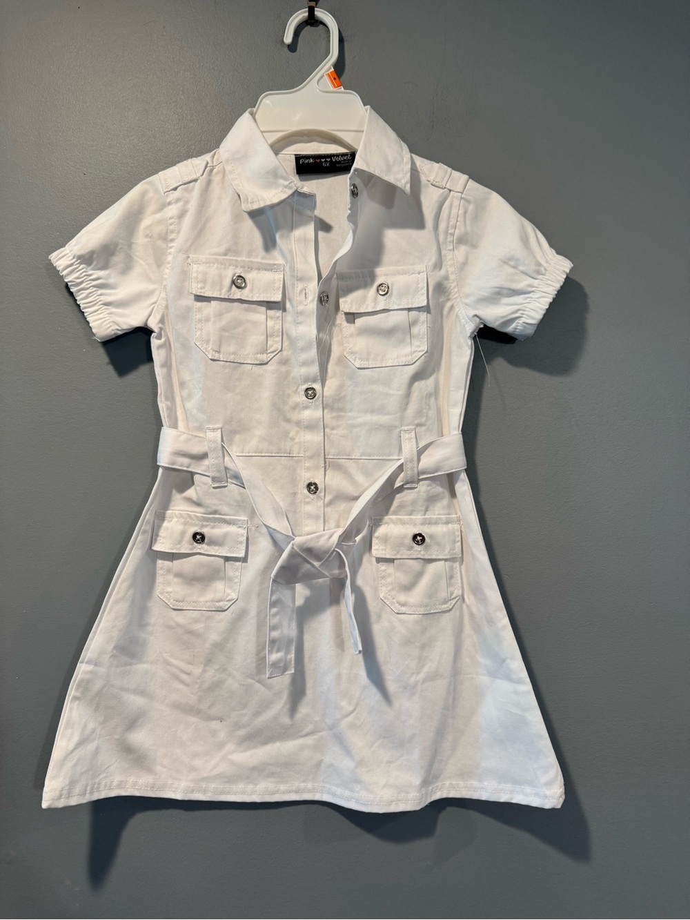 *Girls Pink Velvet White Short-Sleeve Shirt Dress with Tie Belt